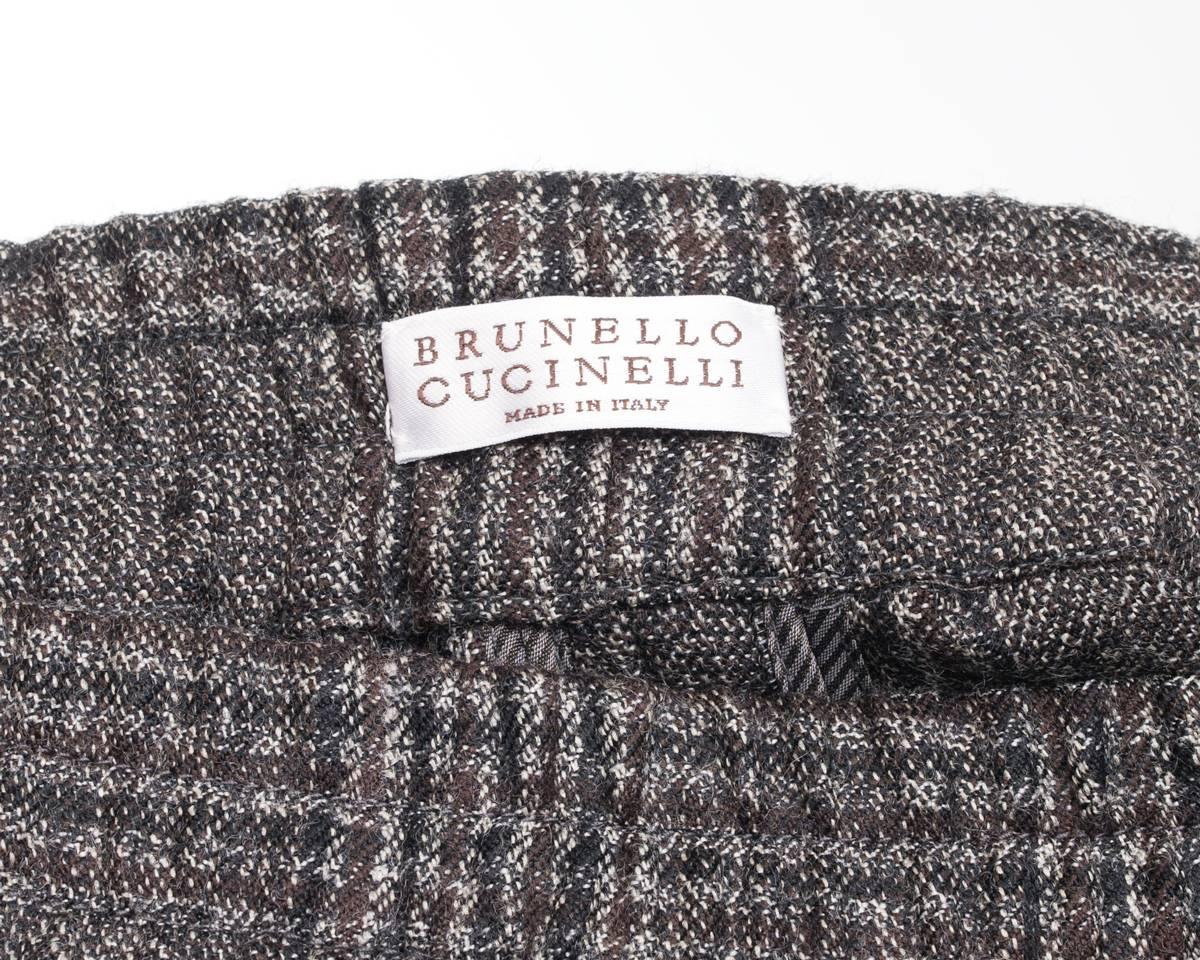 Women's Brunello Cucinelli Dark Brown Wool Check Trousers with Bead Trim - 6