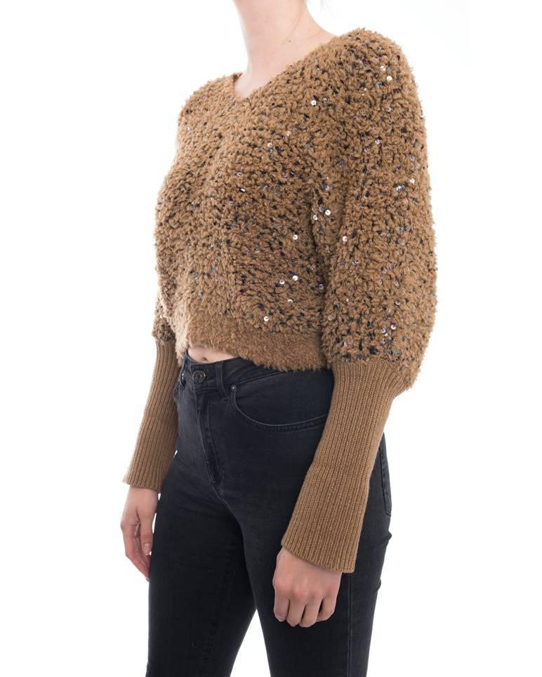 Brunello Cucinelli Caramel Brown Sequin Textured Crop Sweater.   Original retail $2125 CAD. Batwing sleeves, gunmetal silver sequins, knit cuffs and hem.  Marked size M and is best for size USA 6 / 8.  Approximately 40” at bust, 34” around hem, 18”