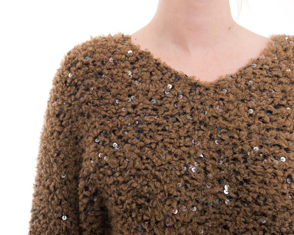 Women's Brunello Cucinelli Caramel Brown Sequin Textured Crop Sweater - M
