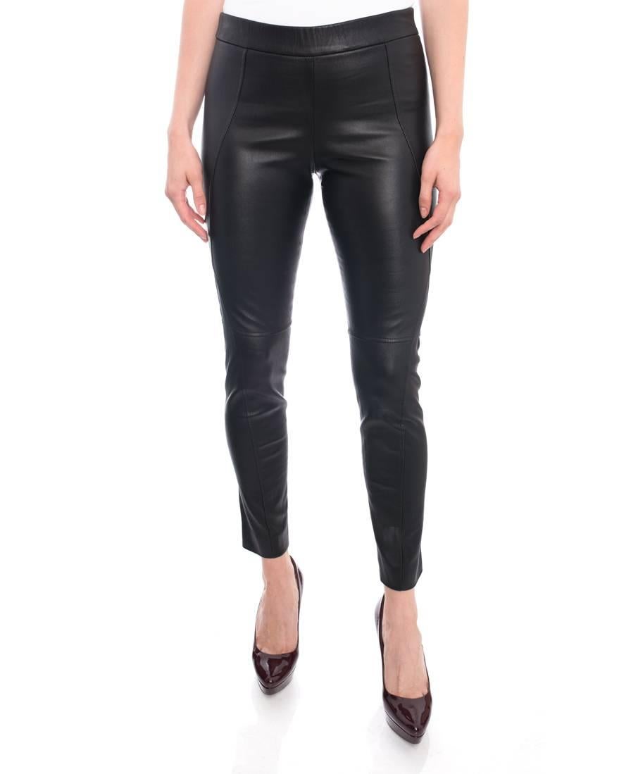 Brunello Cucinelli Black Stretch Lambskin Leggings.   Original retail $3475 CAD.  Pull on design with stretch waist and slim fitted silhouette.  Marked size IT42 (USA 6).  To fit 36” hip and garment waist measures 30”.  Rise is 9.5”, inseam 28”,