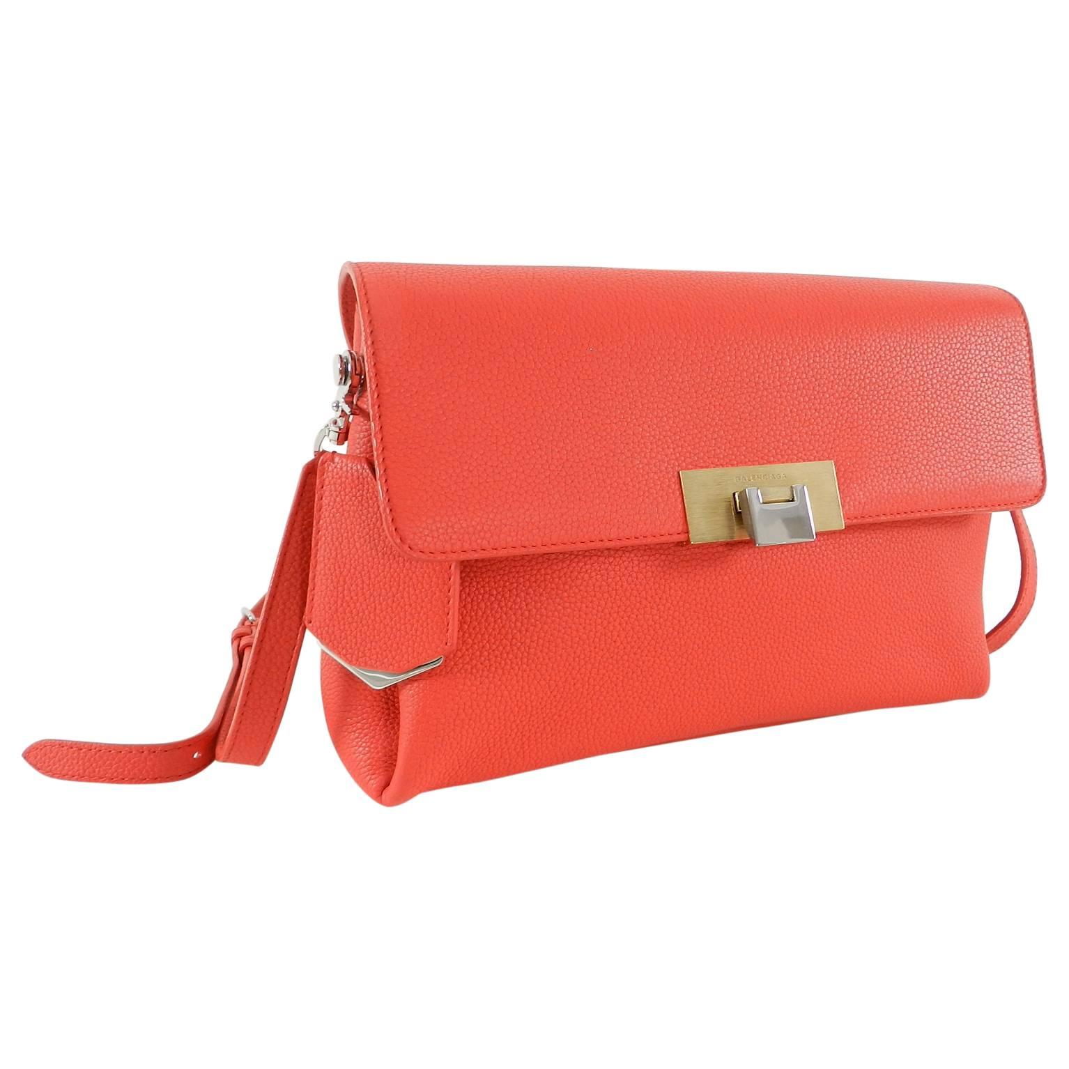 Red Balenciaga Le Dix Hot Coral Soft Courrier Leather Crossbody Bag