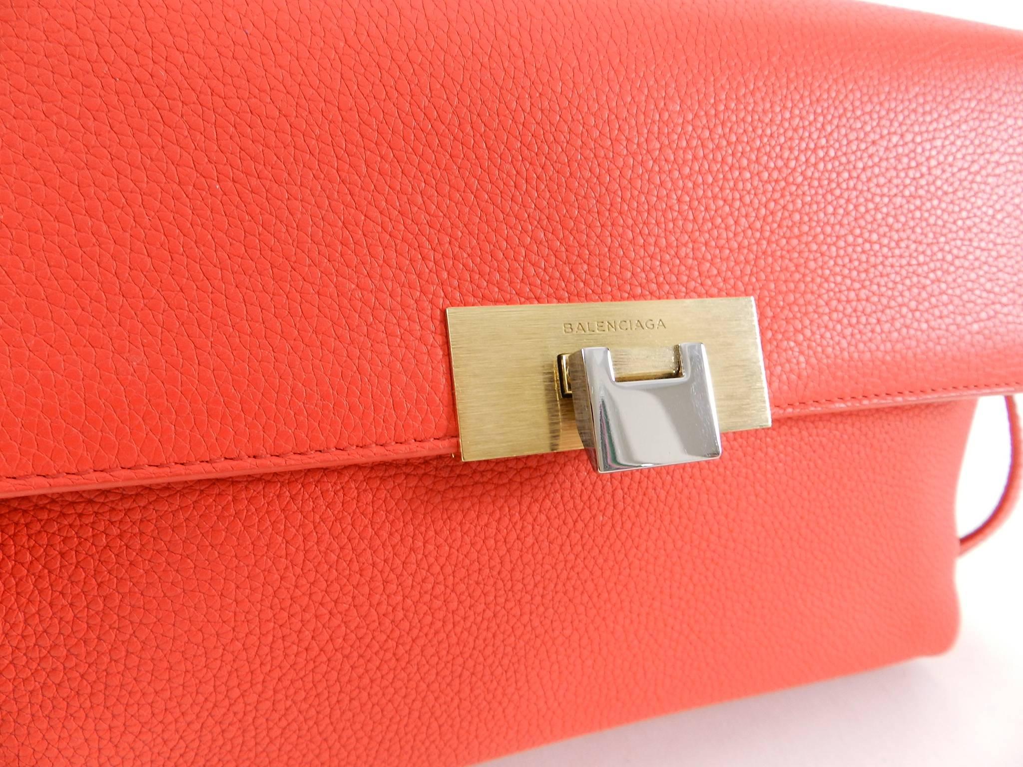 Balenciaga Le Dix Hot Coral Soft Courrier Leather Crossbody Bag In Excellent Condition In Toronto, ON