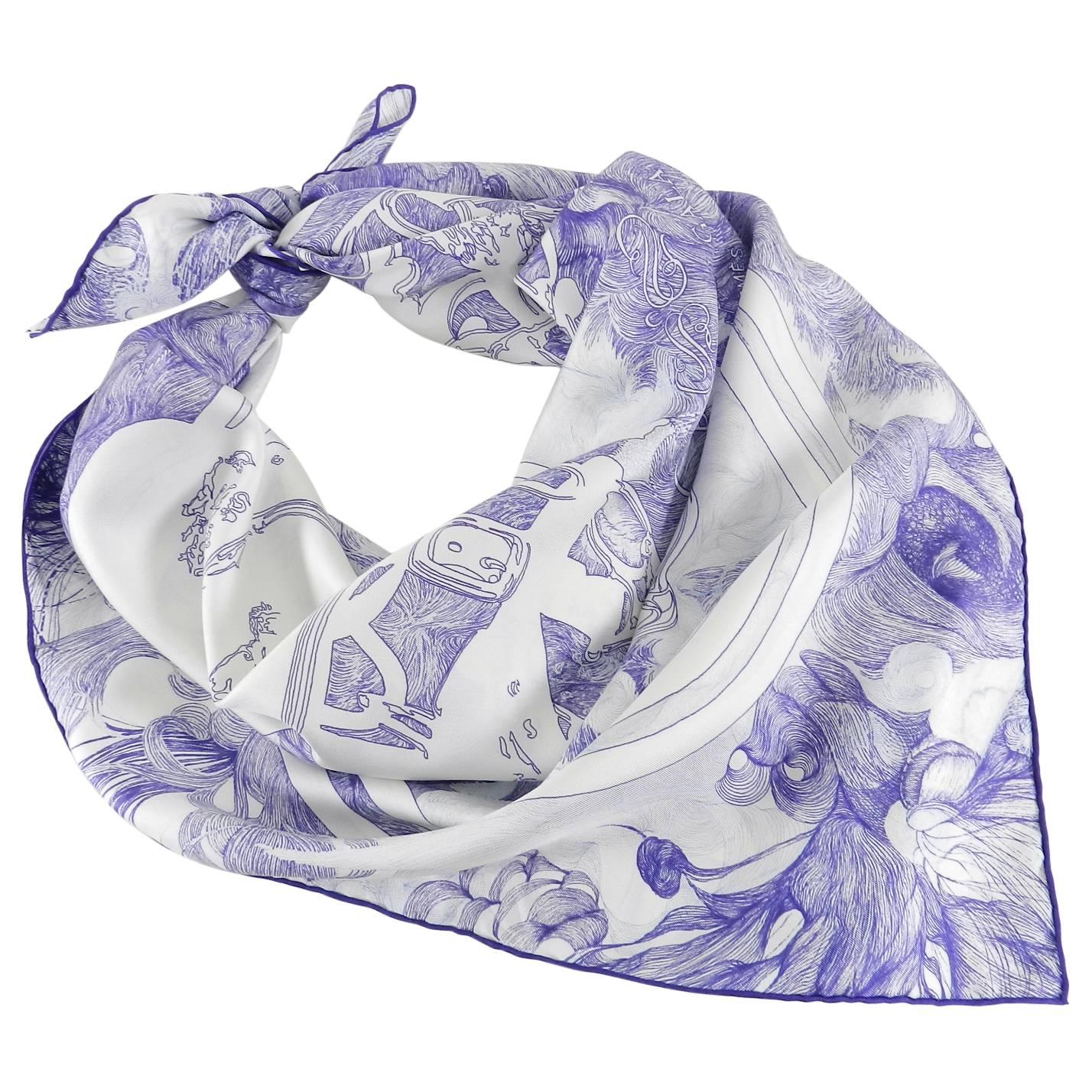 Hermes Purple and White Brides de Gala en Finesse 90cm Silk Scarf.  A contemporary re-interpretation by Florence Manlik of the classic Brides de Gala design from 1956 by Hugo Grygkar.  This modern purple and white scarf is designed with fine