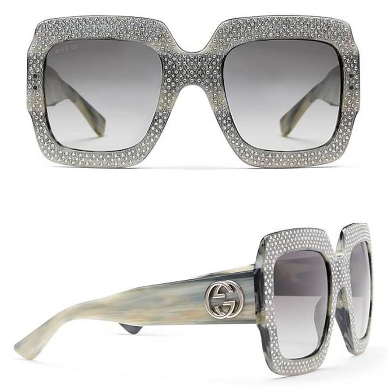 Gucci Grey Rhinestone Crystal Oversize Square Sunglasses.  Original retail $1380 USD. Grey acetate oversize crystal square sunglasses with gradient lenses, tortoiseshell arms, a silver-tone logo plaque, straight arms with curved tips and Swarovski