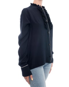Marni Midnight Navy Blue Silk Blouse with Ruffle