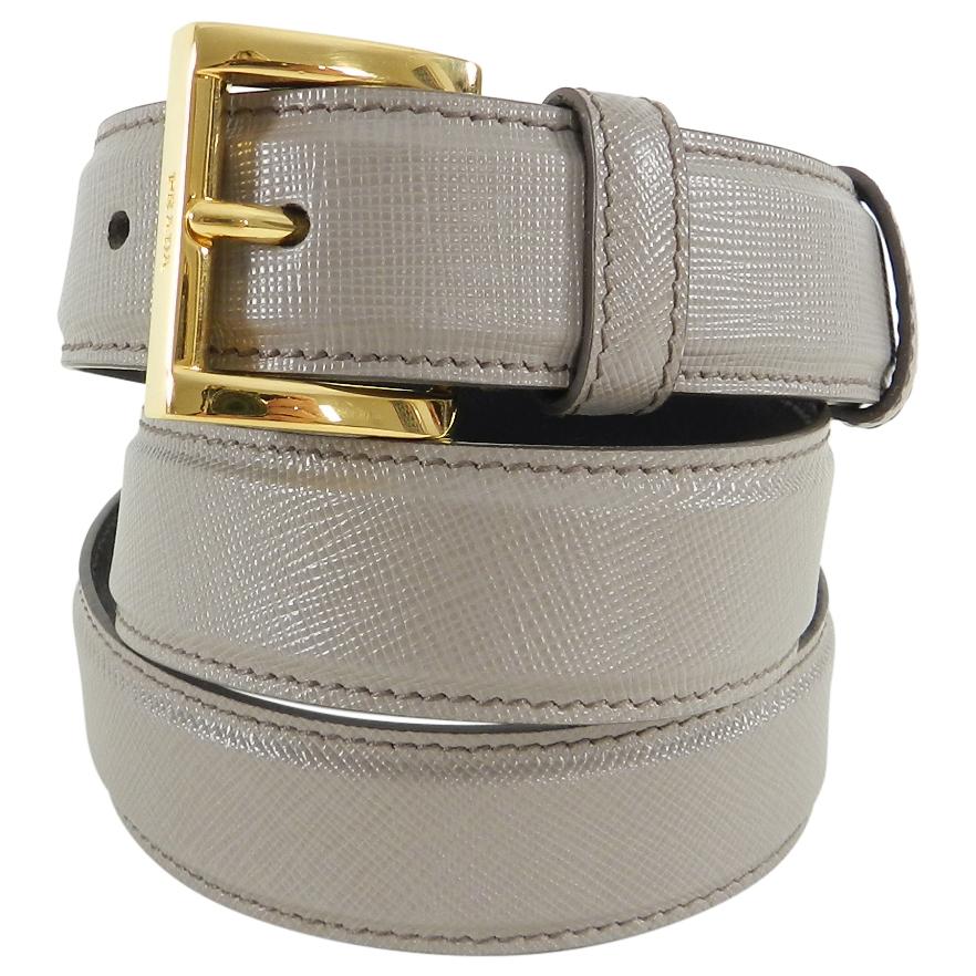 Gray Prada Taupe Saffiano Leather Belt with Gold Buckle