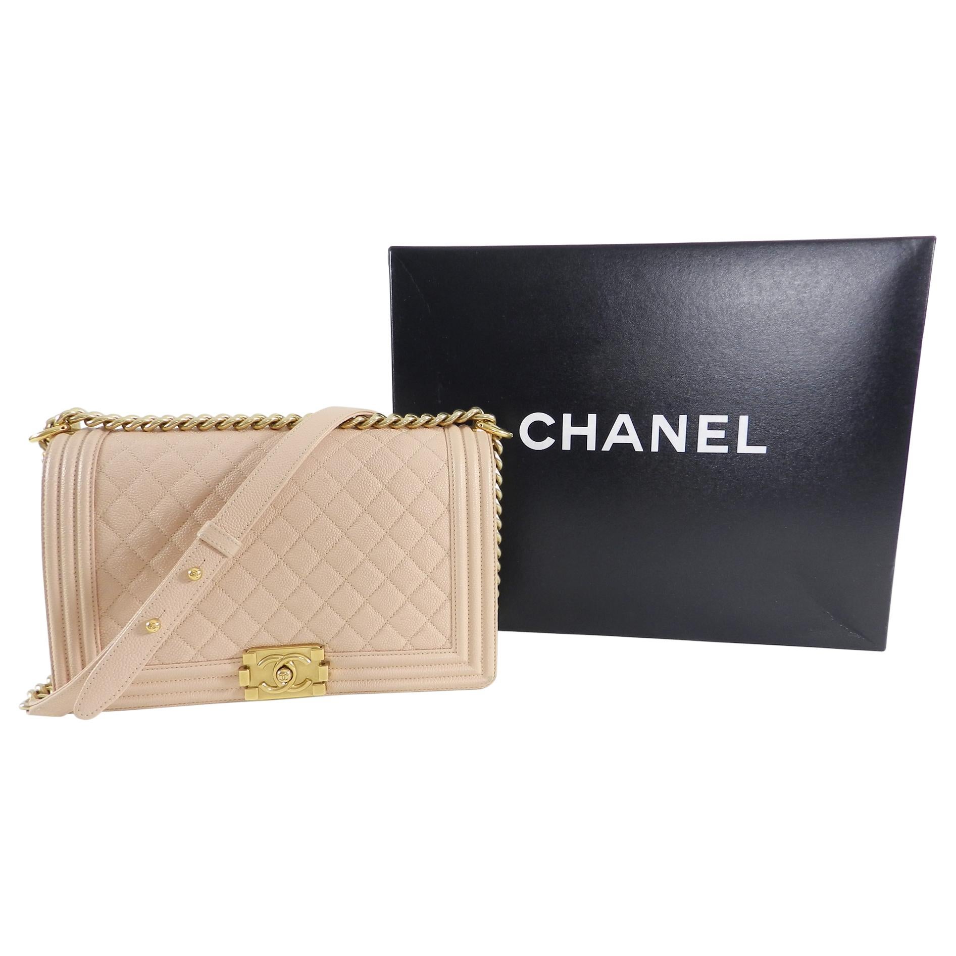 Chanel 17C Light Beige New Medium Quilted Caviar Boy Bag.  Matte goldtone metal hardware, olive green fabric lining, signature CC logo clasp.  From the 2017 cruise collection, this bag is the new medium size measuring 11 x 7 x 3” with a 19.5” strap