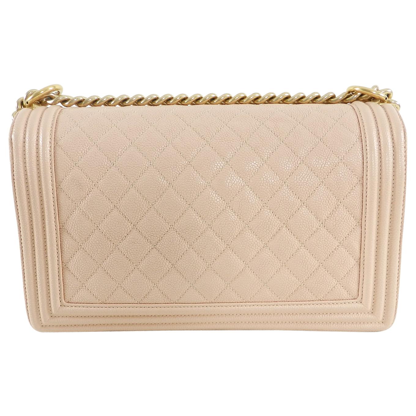 Chanel 17C Light Beige New Medium Quilted Caviar Boy Bag In Excellent Condition In Toronto, ON