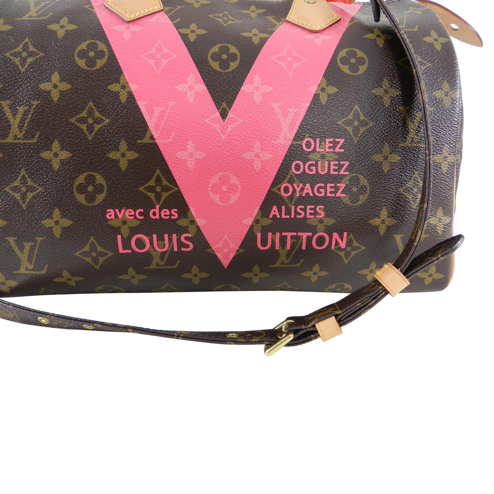 Louis Vuitton Monogram Grenade Speedy 30.  Limited edition bag from the Summer 2015 collection designed by Nicolas Ghesquiere.  Bright hot pink V across front with “volez, voguez, voyagez,” slogan taken from Louis Vuitton’s travel advertisements