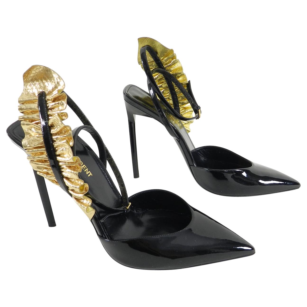 Saint Laurent Black Patent Edie 110 Gold Leaf Heels  For Sale
