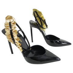 Saint Laurent Black Patent Edie 110 Gold Leaf Heels 