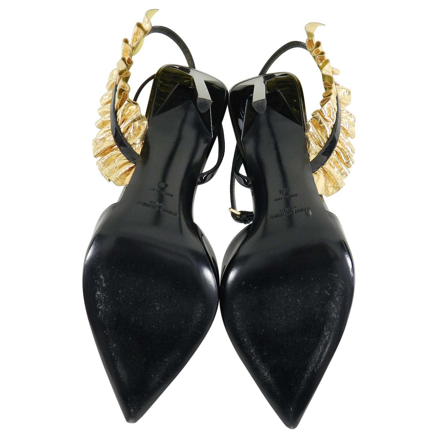 Saint Laurent Black Patent Edie 110 Gold Leaf Heels  In Excellent Condition For Sale In Toronto, ON
