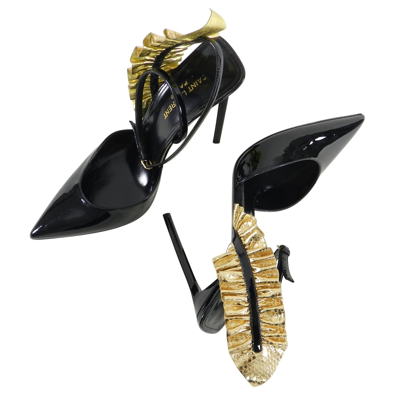 Saint Laurent Black Patent Edie 110 Gold Leaf Heels  For Sale 1