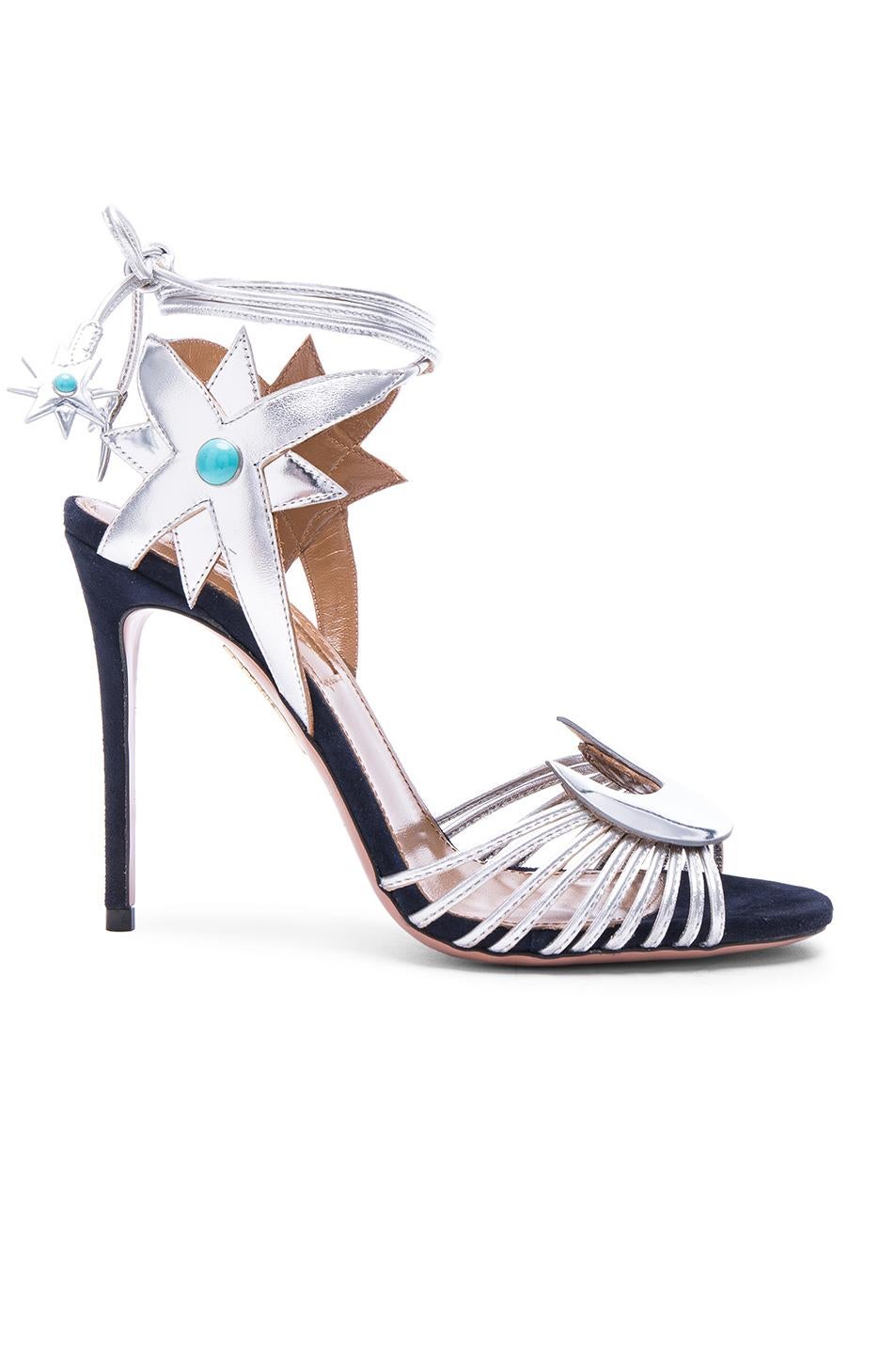 Aquazzura by Poppy Delevingne Midnight Navy and Silver Sandals  In New Condition In Toronto, ON