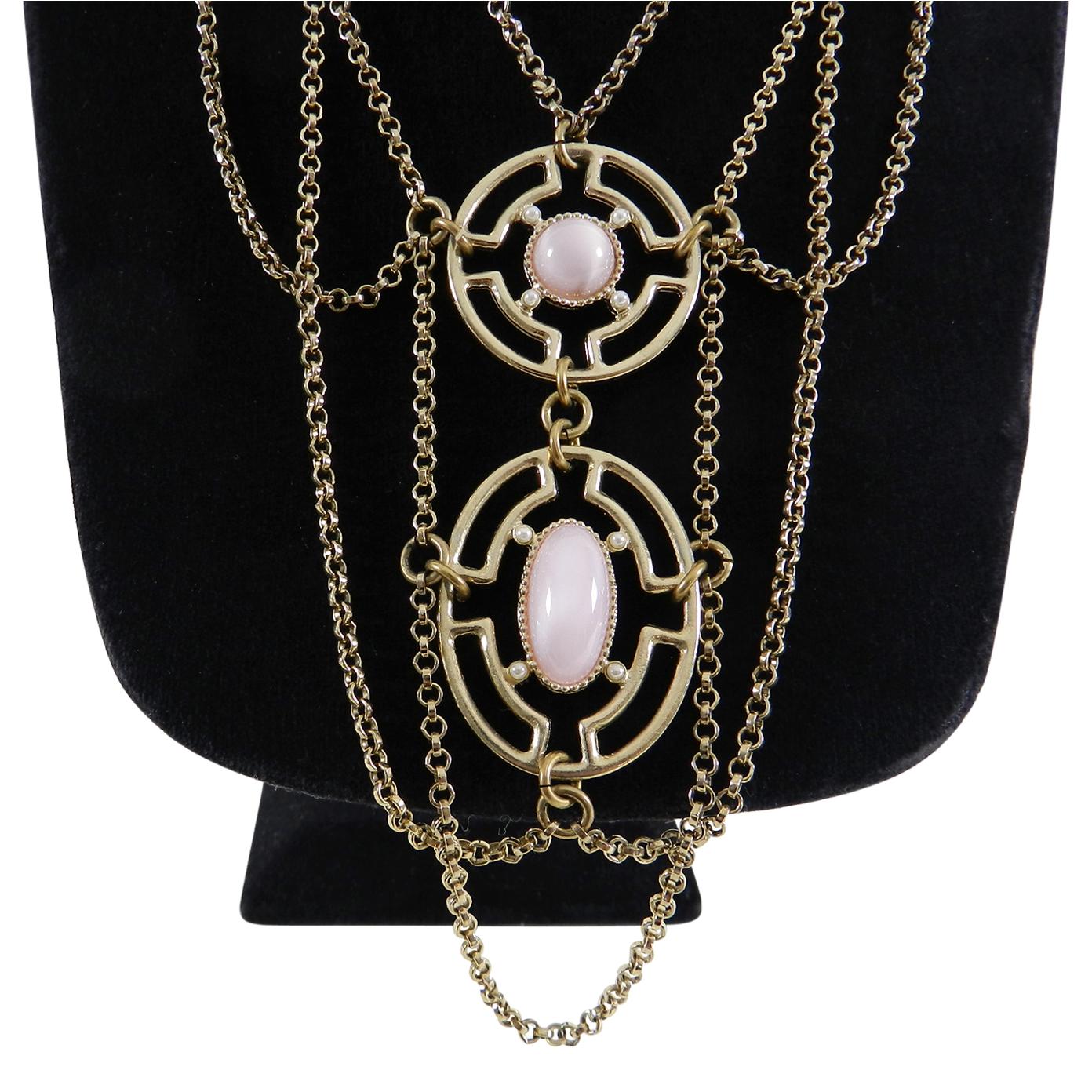 Women's Lanvin Gold and Pink Bib Necklace with Ribbon Ties 