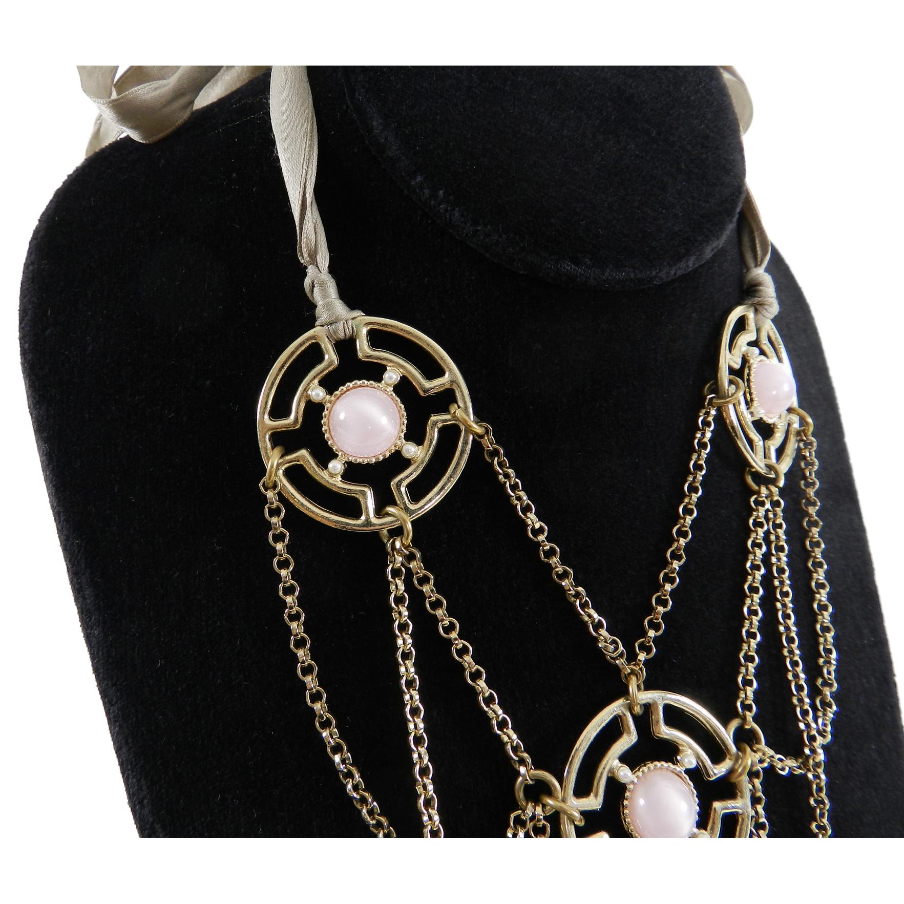 Lanvin Gold and Pink Bib Necklace with Ribbon Ties  1