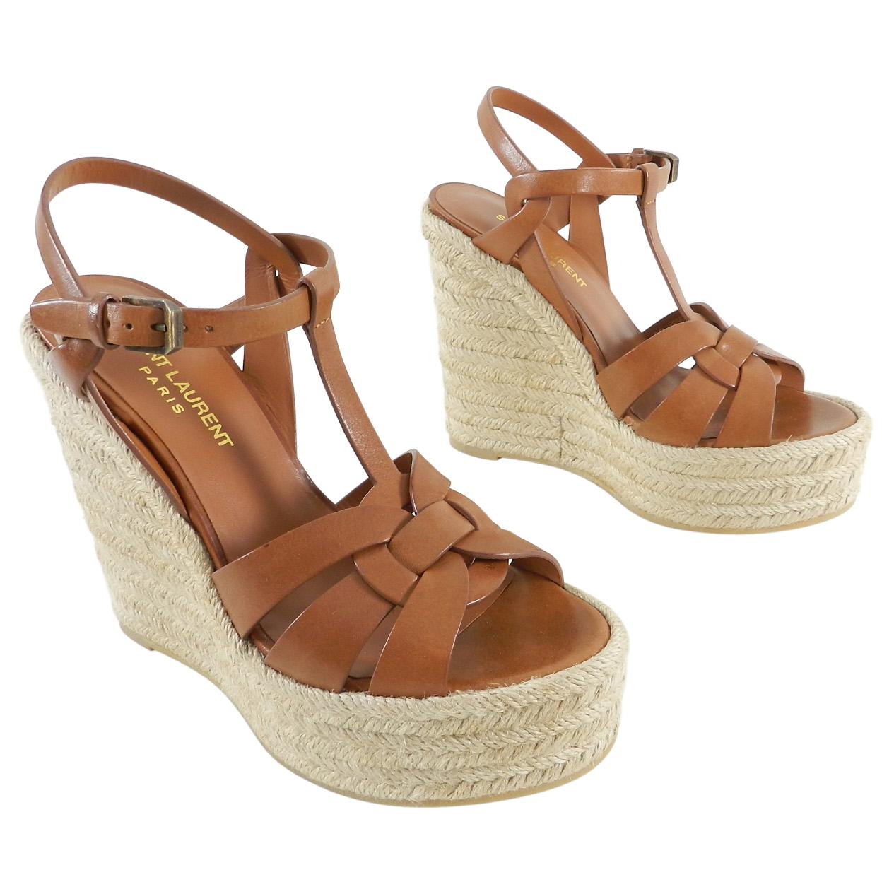 Saint Laurent Brown Tribute Espadrille Wedge Sandals - 37
