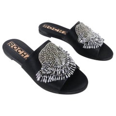 Rochas Black Satin Flat Slide Sandals with Silver Beads 