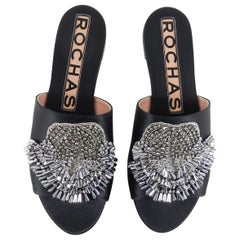Rochas Black Satin Flat Slide Sandals with Silver Beads
