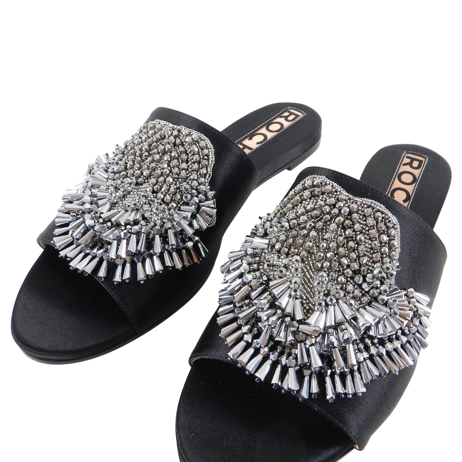 Rochas Black Satin Flat Slide Sandals with Silver Beads  In Excellent Condition In Toronto, ON