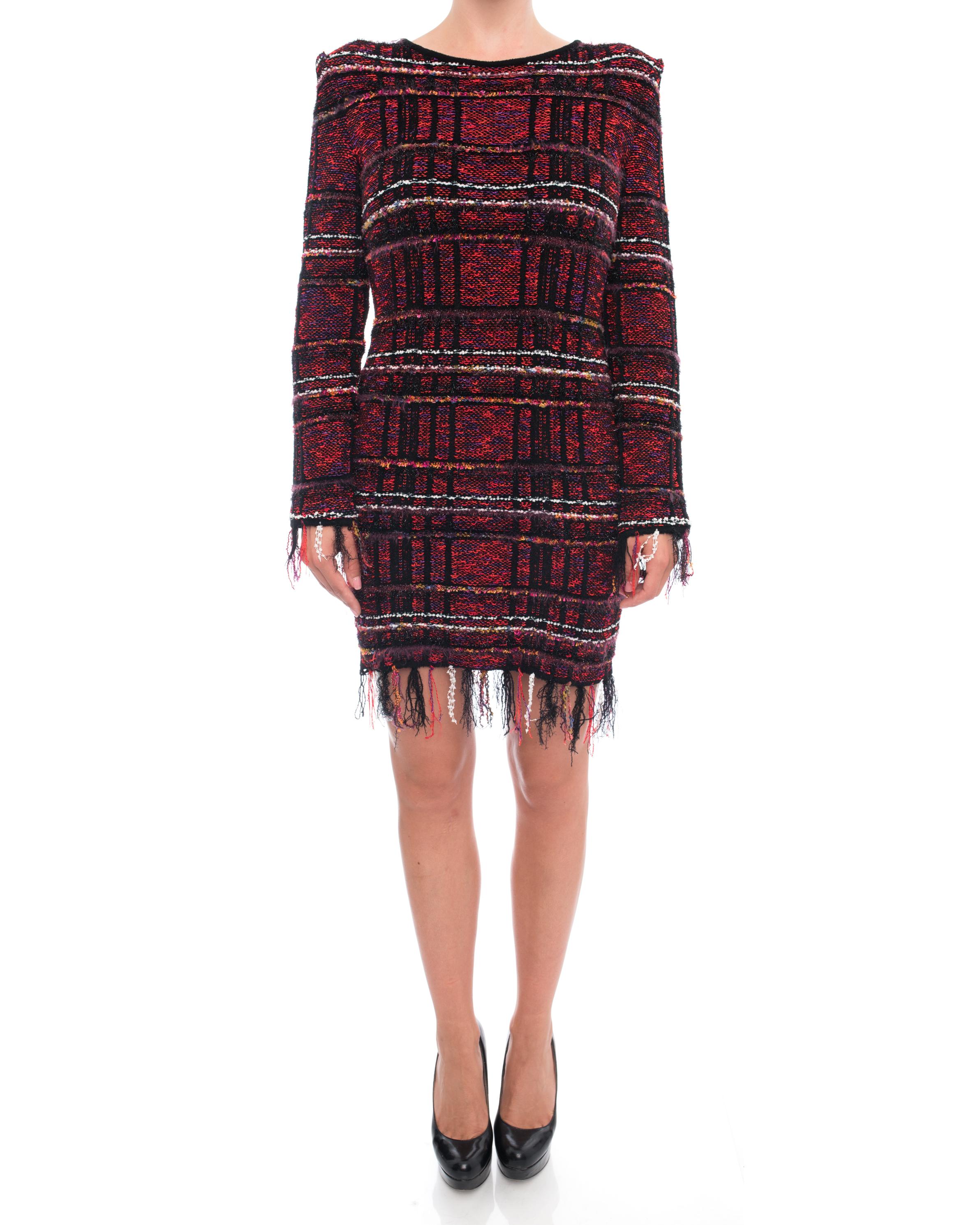 Balmain Pre-fall 2017 Red Check Fringe Knit Dress.  Fringed cuff and skirt hem, gold centre back zipper, padded strong shoulder, long sleeve.  Stretchy knit material in red, white, black check pattern.  Marked size FR 42 (USA 10).  Garment is very