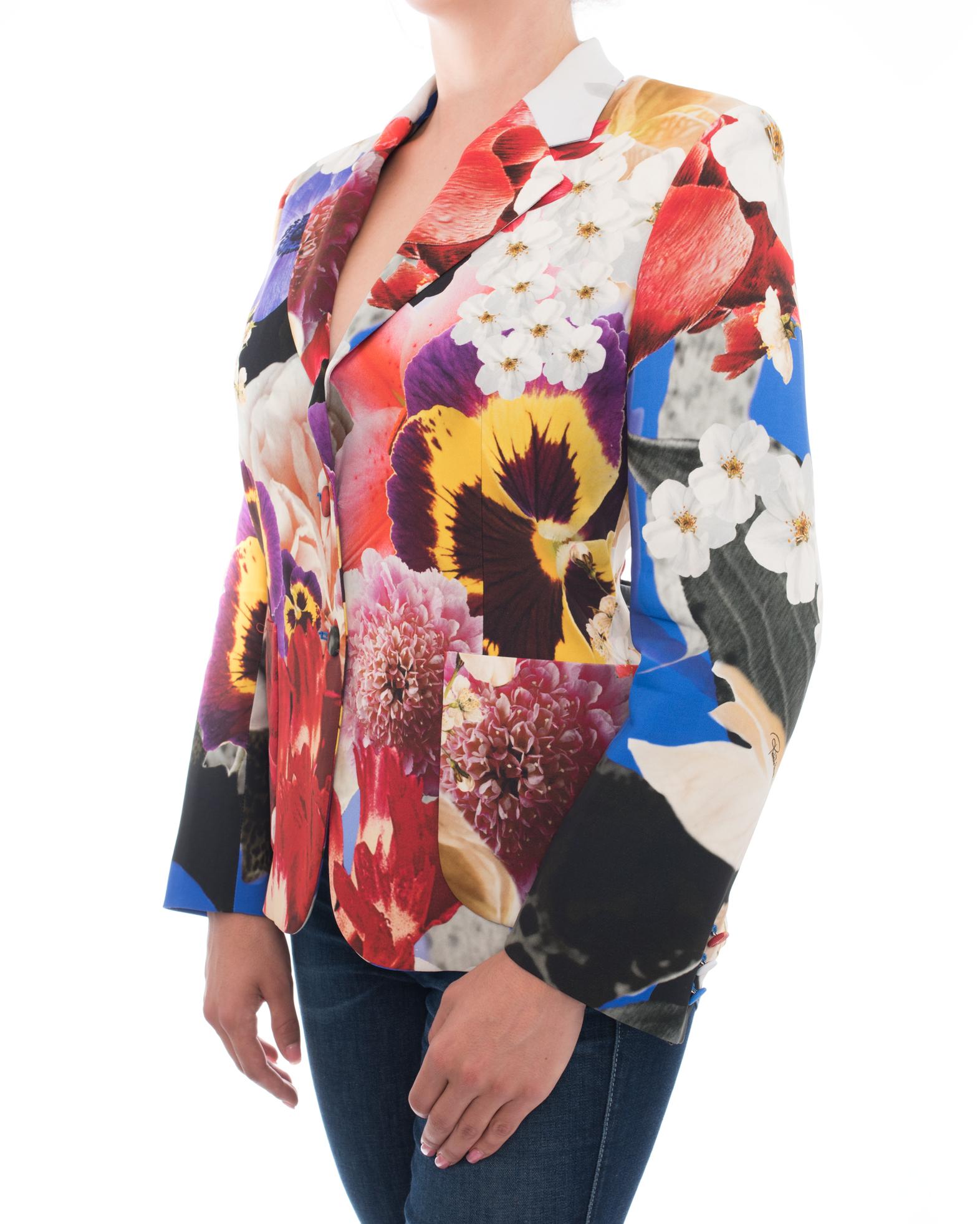 Roberto Cavalli Red, Blue, Yellow Floral Photoprint Blazer Jacket.  Original retail price 1509 British pounds. Signature logo in print, fastens with 2 covered buttons at front, contrasting cobalt blue silk lining.  Floral photoprint design.  Marked