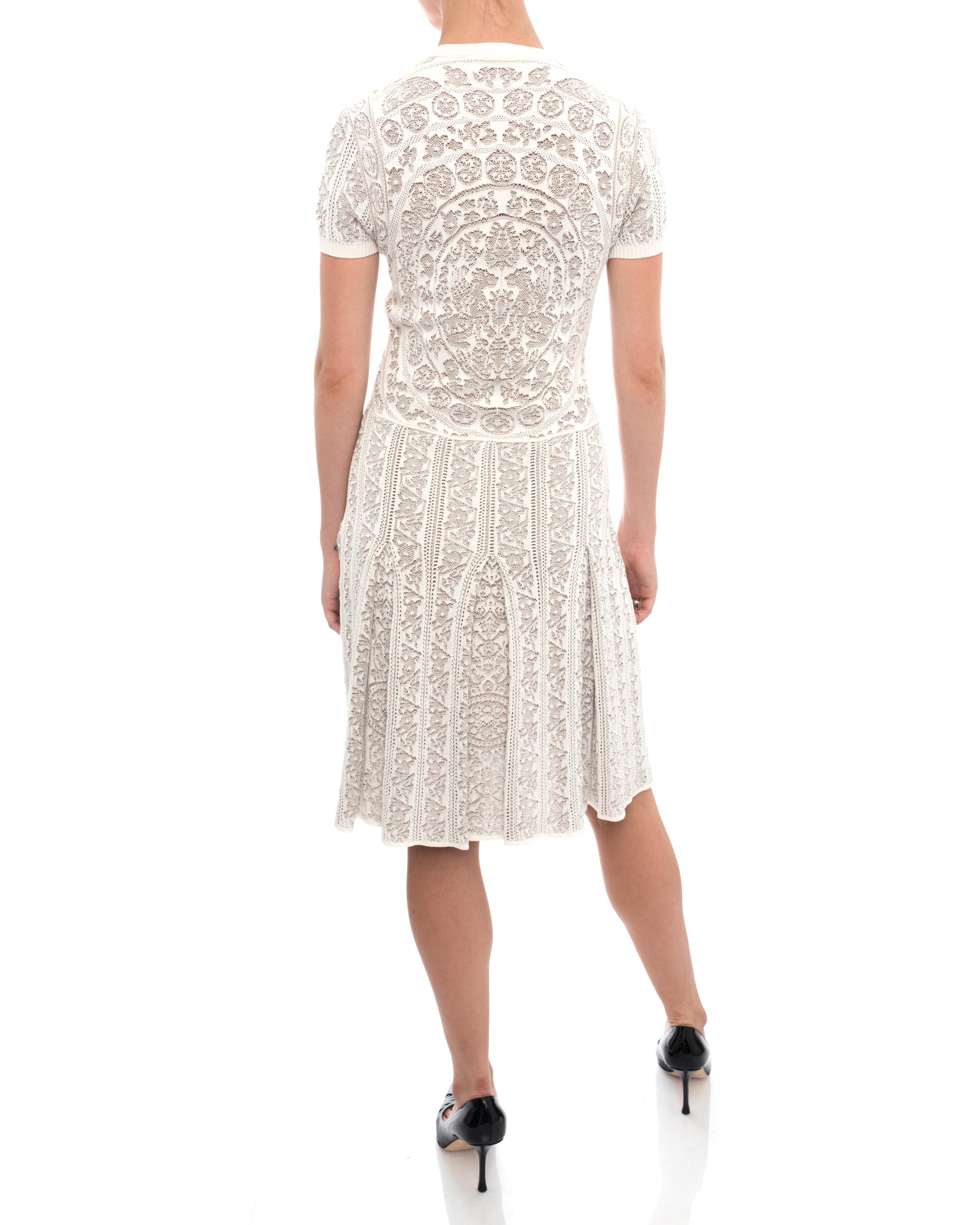 Women's Valentino White / Brown Stretch Knit Short Sleeve Dress - M