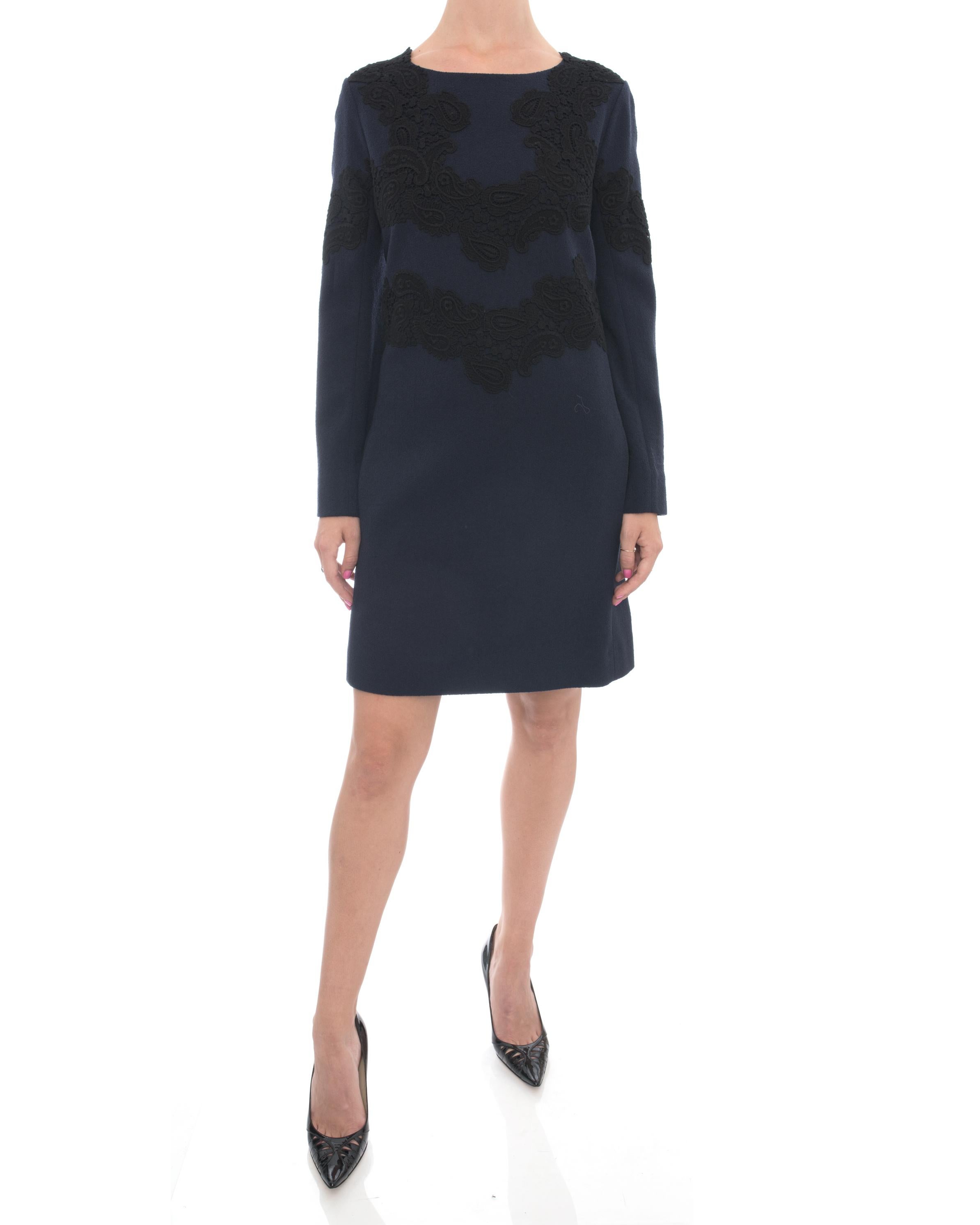Chloe Navy Wool Long Sleeve Dress with Black Lace applique.  Circa fall 2015 collection. Straight cut body, front side pockets on seam, centre back zipper, silk lined.  Marked size FR 38 (USA 6). Garment bust measures 36” and is recommended to be