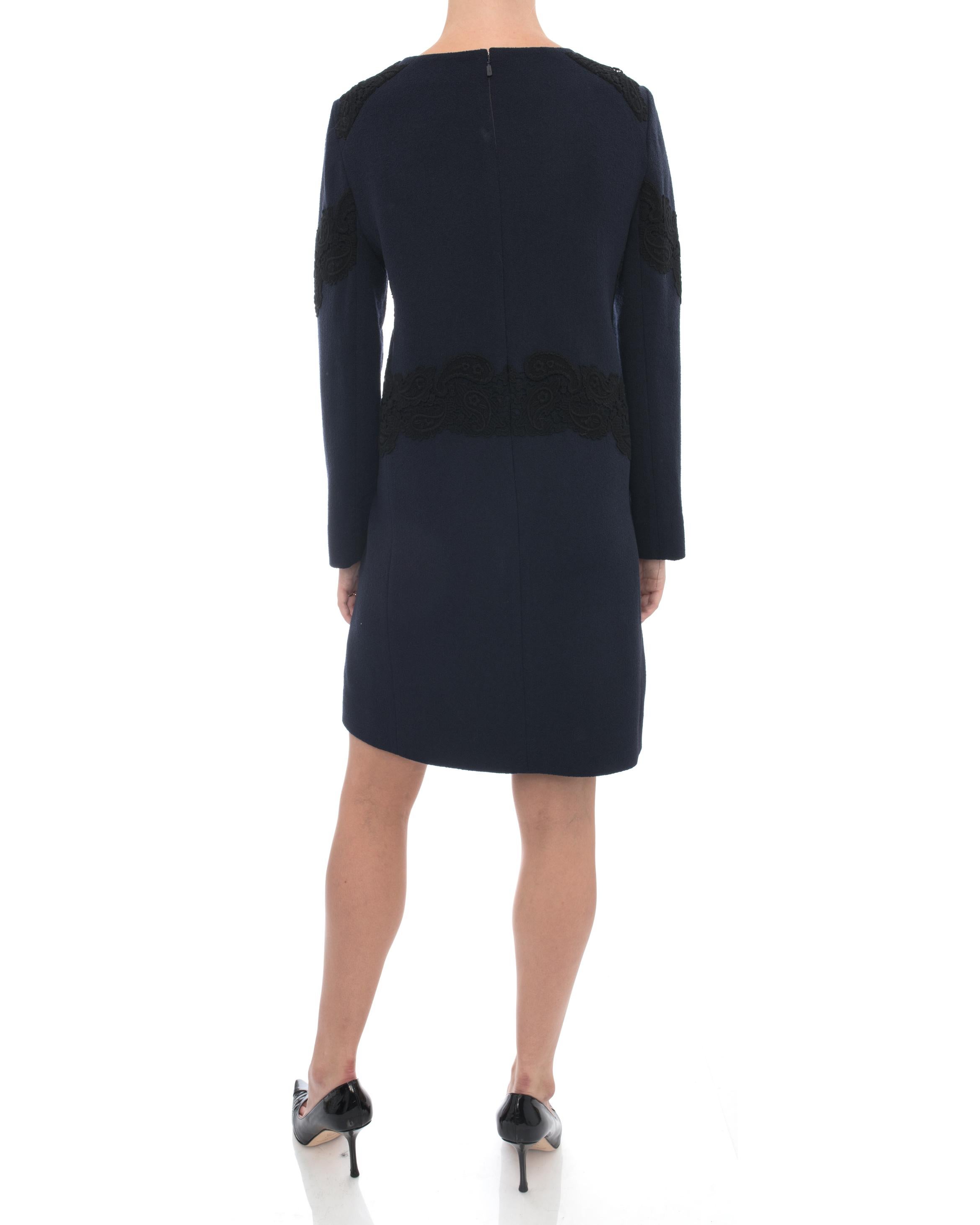 Women's Chloe Navy Wool Long Sleeve Dress with Black Lace - 6