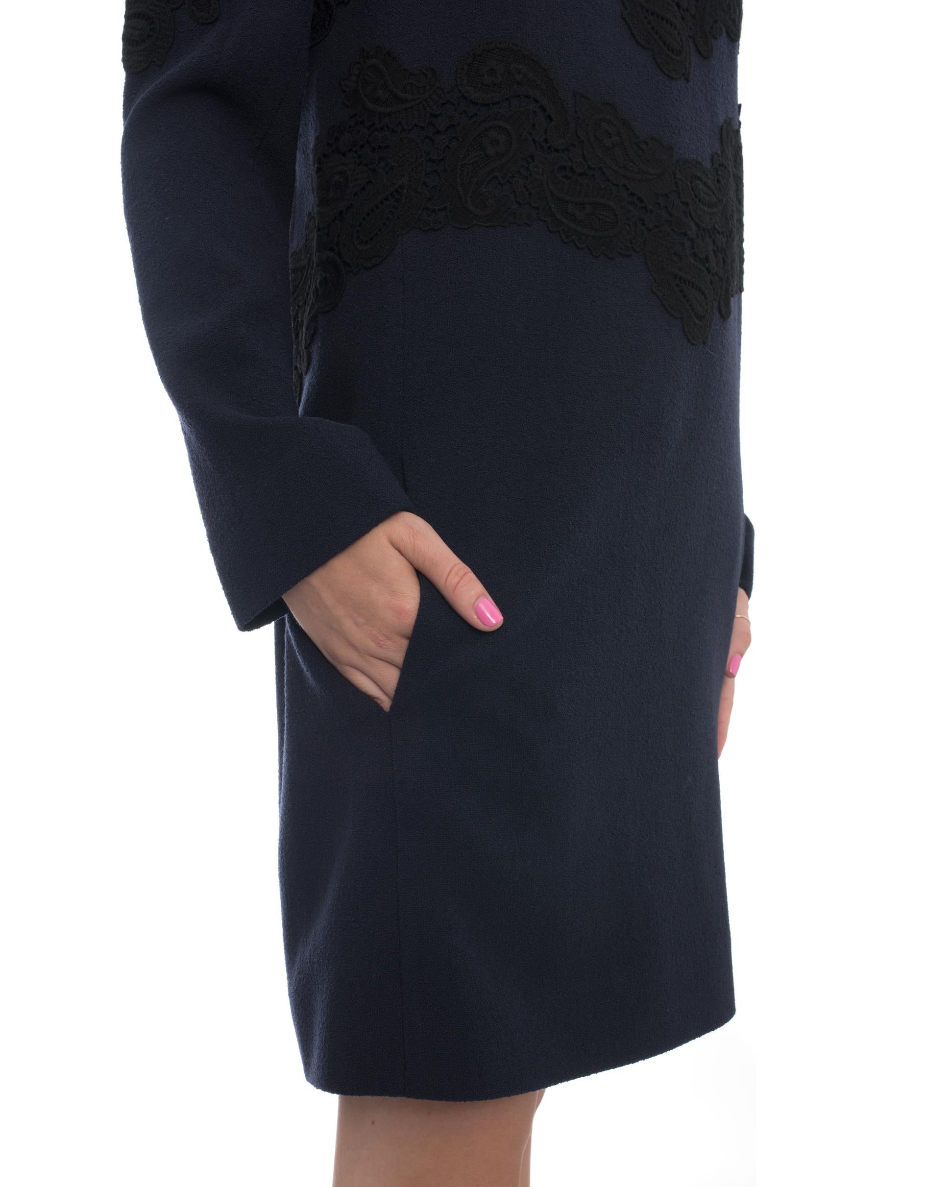 Chloe Navy Wool Long Sleeve Dress with Black Lace - 6 3
