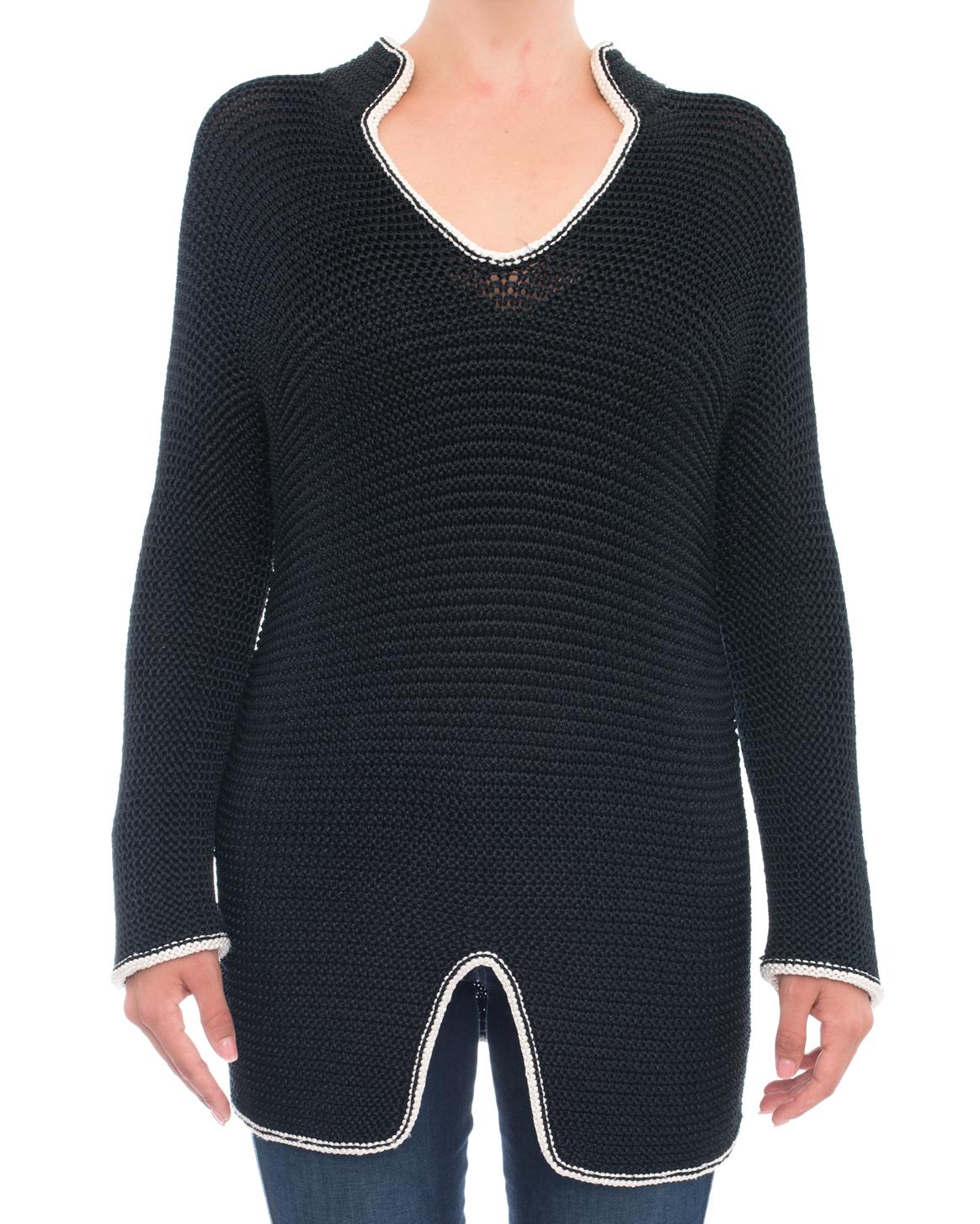 Chanel 08P Navy Knit Sweater Dress / Top with White Trim.  Slinky draped knit long sleeve top.  Pullover design with v-neckline and inverted v at front hem.  Shown worn as a dress on the Chanel Spring 2008 runway as pictured.  Will fit size FR38