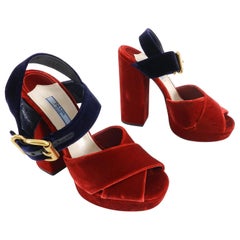 Prada Red Velvet and Navy Criss Cross Platform Sandal 