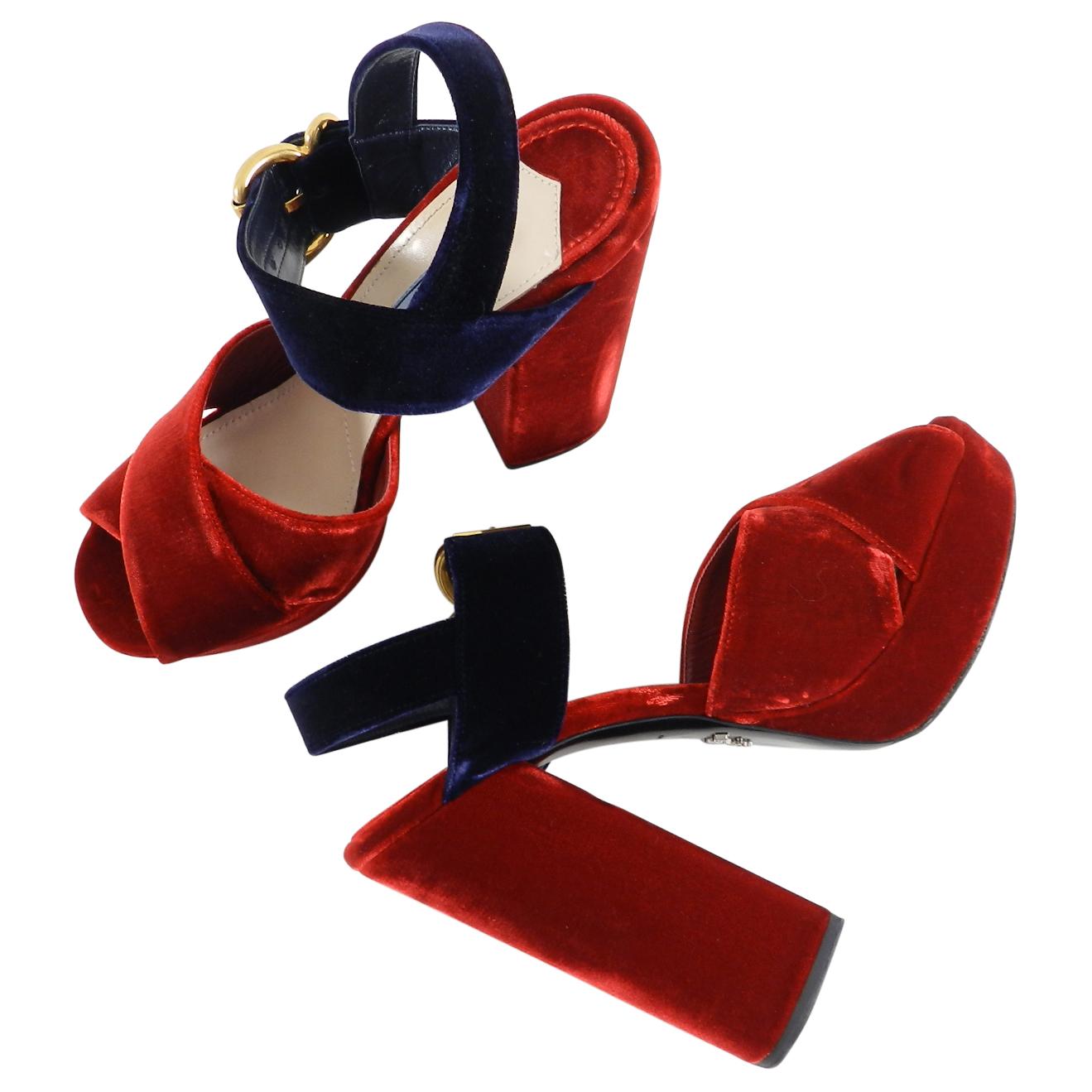 Prada Red Velvet and Navy Criss Cross Platform Sandal shoes.  From the fall 2016 collection.  Chunky 5.75