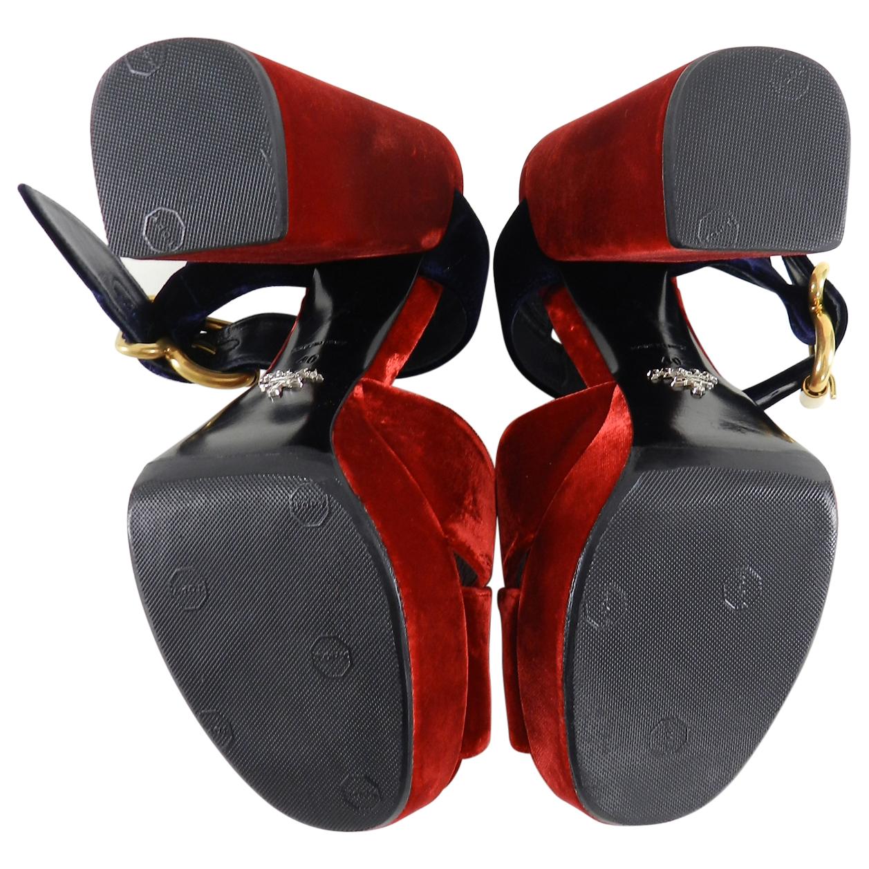 prada red velvet platform sandals