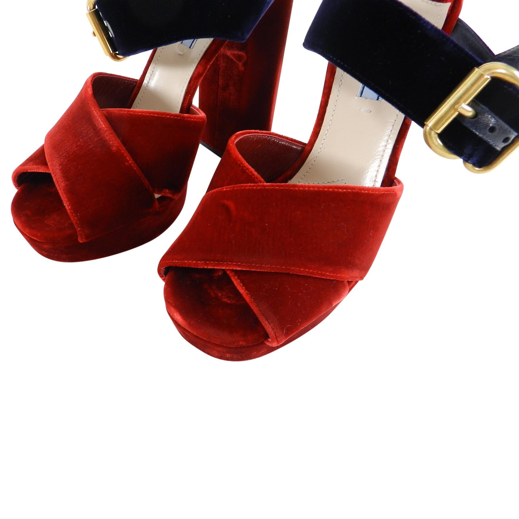 Brown Prada Red Velvet and Navy Criss Cross Platform Sandal