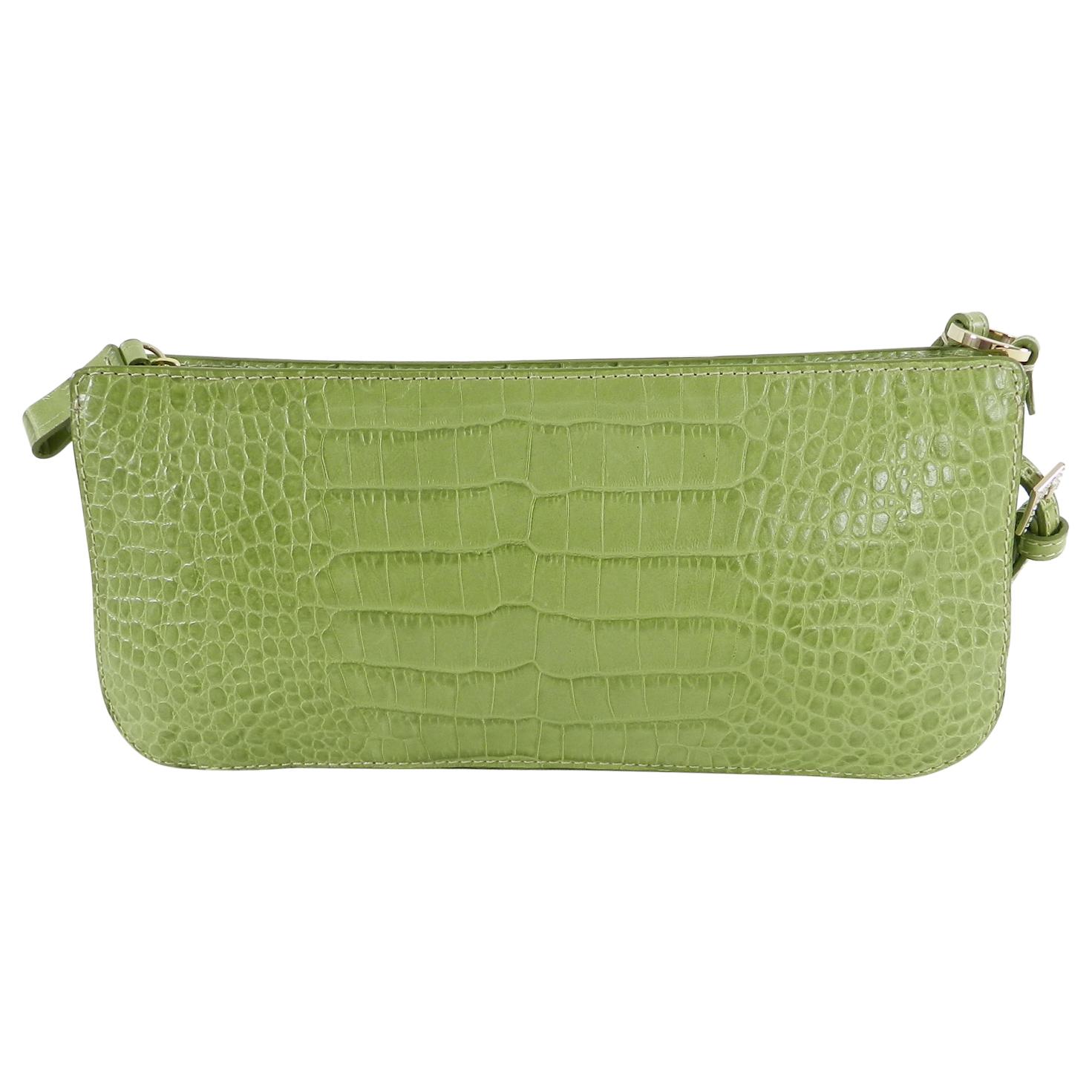 Valentino Green Croc Embossed Leather Jewel Wristlet Bag.  Goldtone metal top zipper, strass rhinestone decorated wristlet in green, pink, clear.  Includes care card and duster. Excellent clean pre-owned - only carried a few times. Measures 11 x 5 x