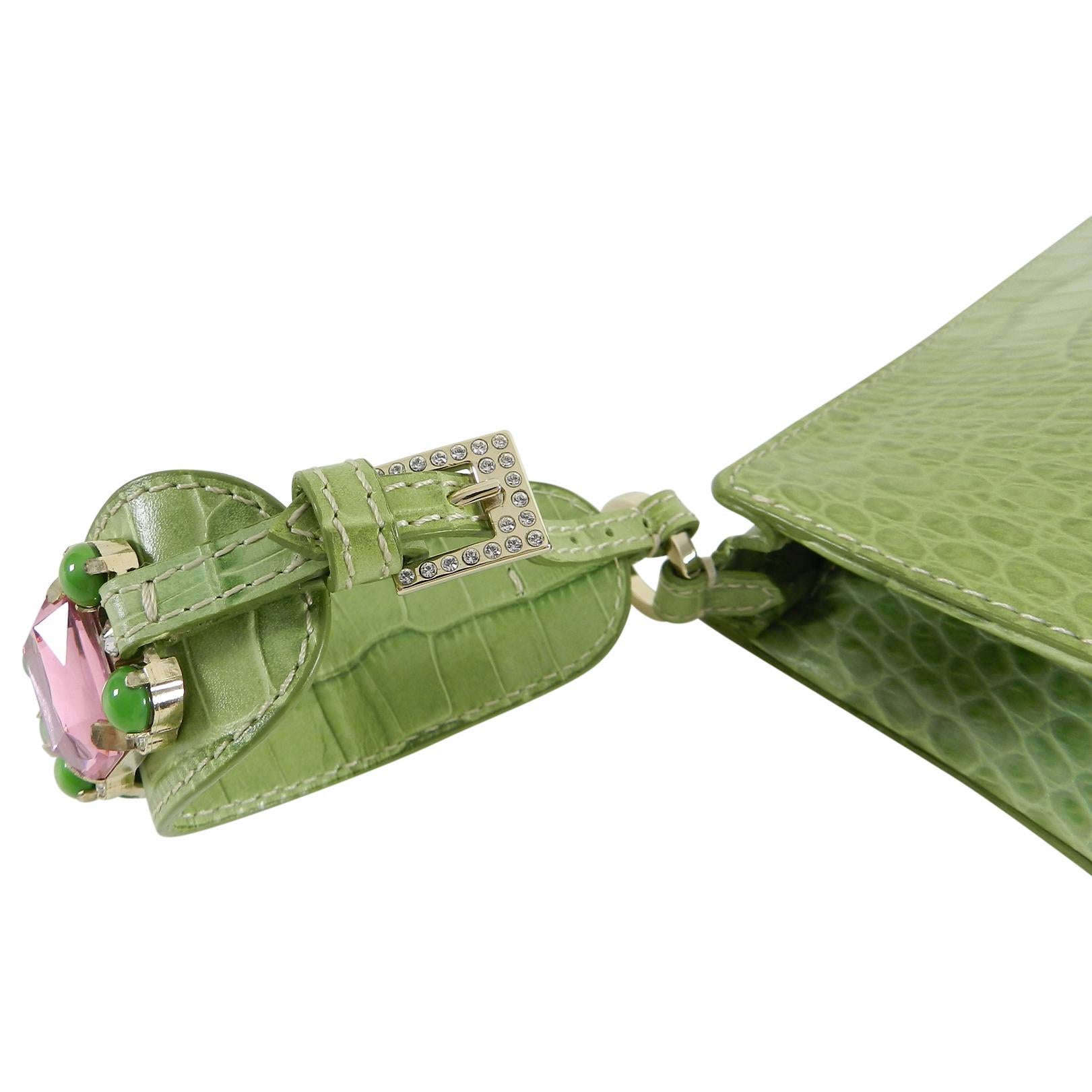Valentino Green Croc Embossed Leather Jewel Wristlet Bag 1