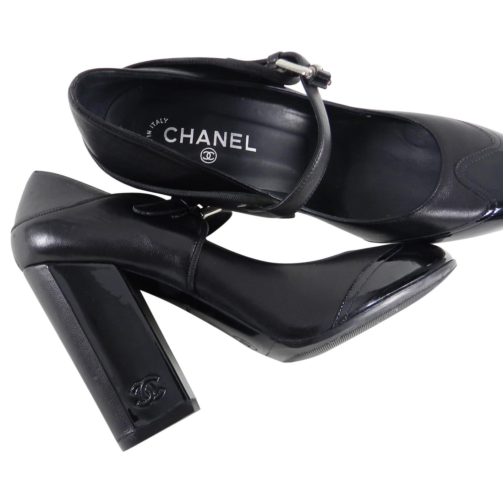 Chanel 08P Black Leather and Patent CC Mary Jane Shoes 1