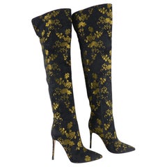 Gianvito Rossi Yellow Floral Over the Knee Brocade Boots - 39