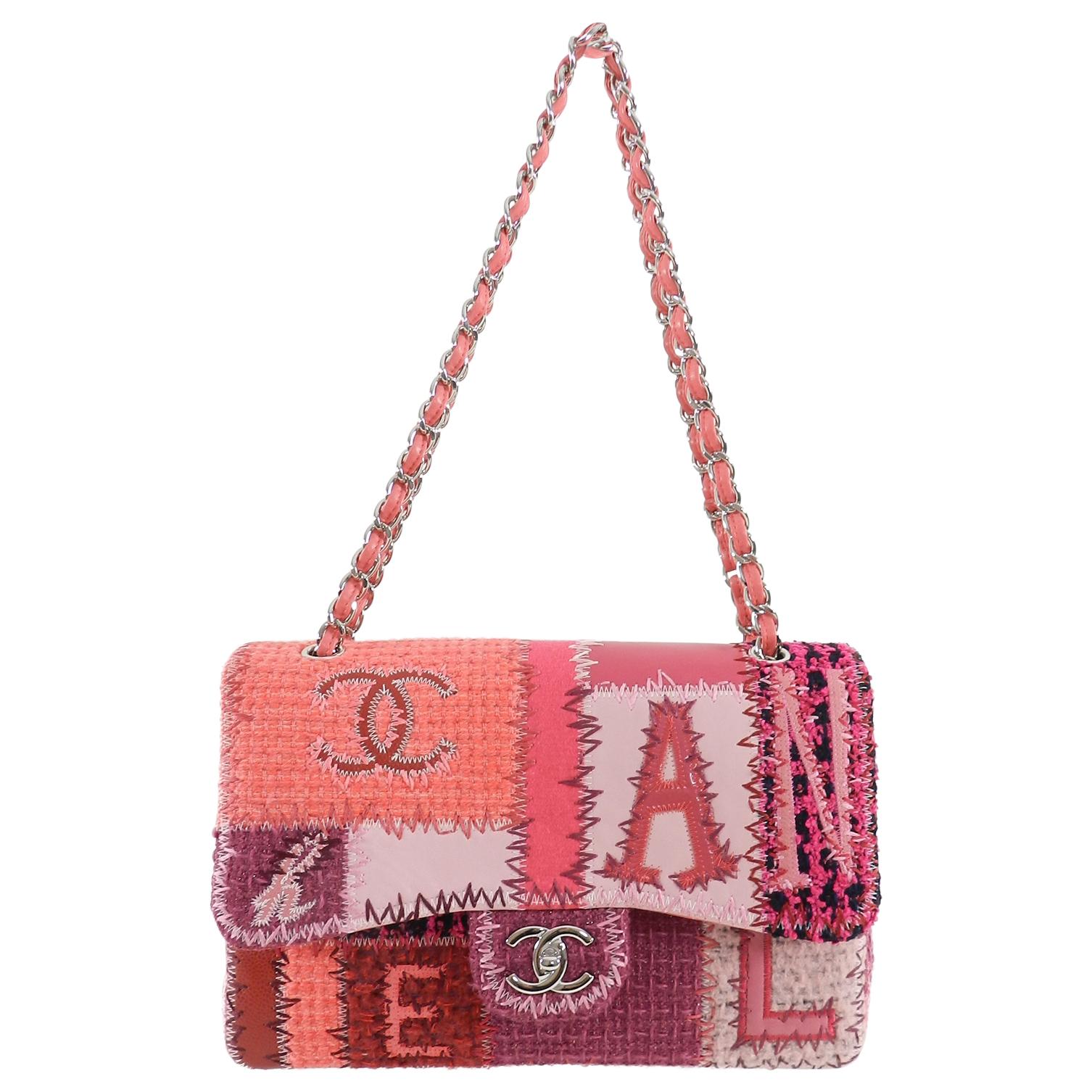 Chanel Pink Tweed Patchwork Coco Chanel Jumbo Flap Bag.  Silvertone metal hardware, hot bubblegum pink, red, fuchsia, tones with patchwork tweed, caviar leather, etc... Patchwork 