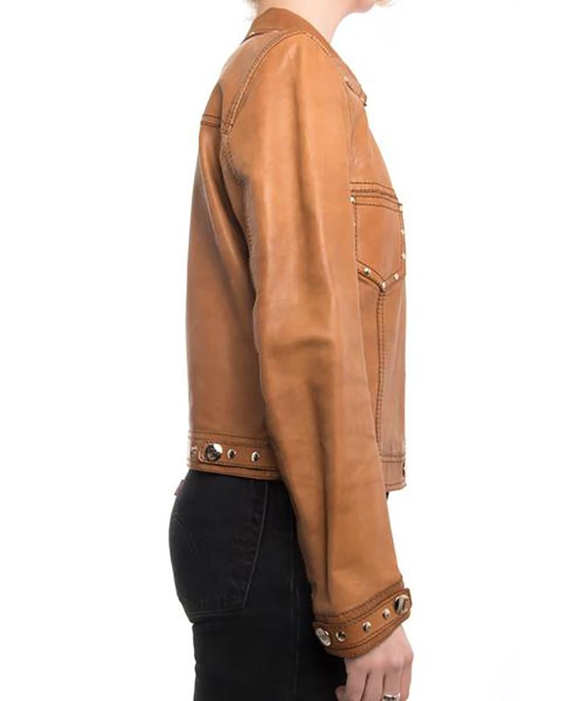 Gucci Tan Brown Leather 1970s Style Snap Jacket with Studs, circa 2010 In Excellent Condition In Toronto, ON