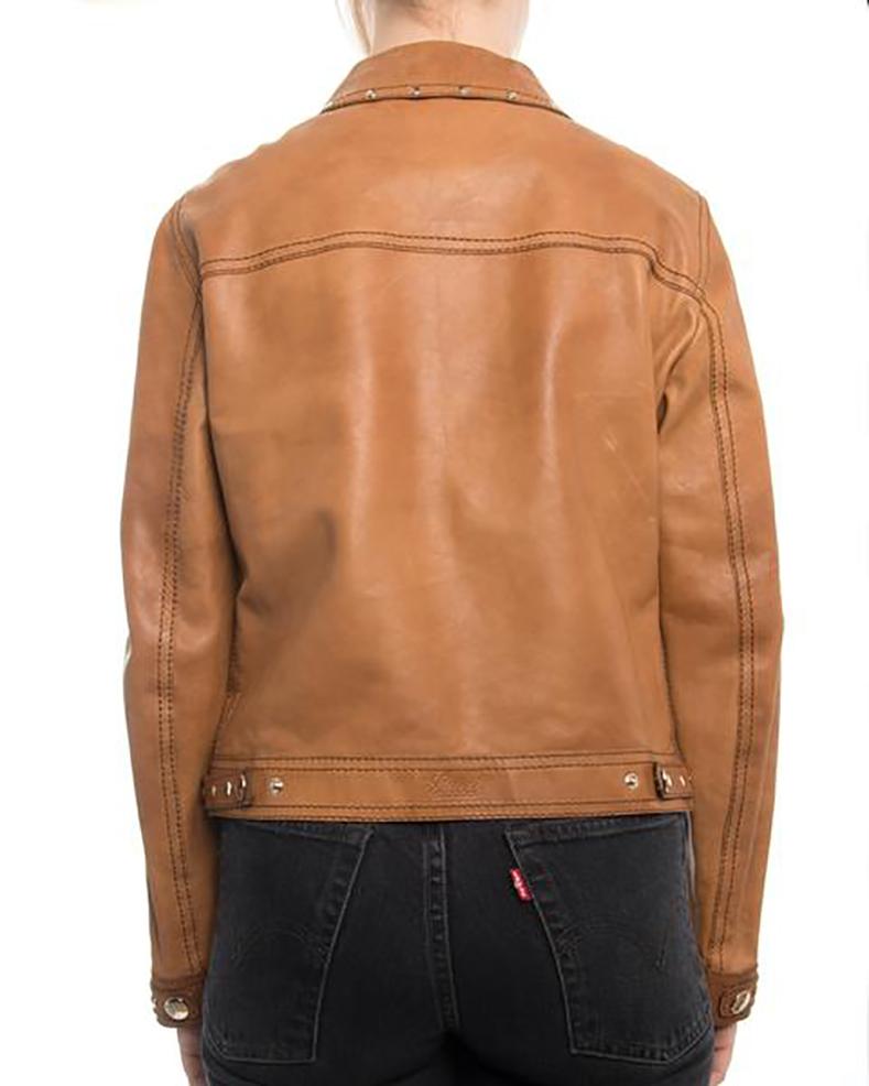 Women's Gucci Tan Brown Leather 1970s Style Snap Jacket with Studs, circa 2010