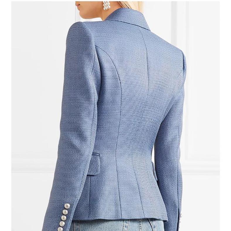 Balmain Cornflower Blue Tweed Blazer with Silver Lion Buttons.  Woven rayon textured fabric with silver military buttons and lined with white fabric.  Marked size FR 44 (USA 12). Garment bust measures 40” and is recommended for 38” bust person for