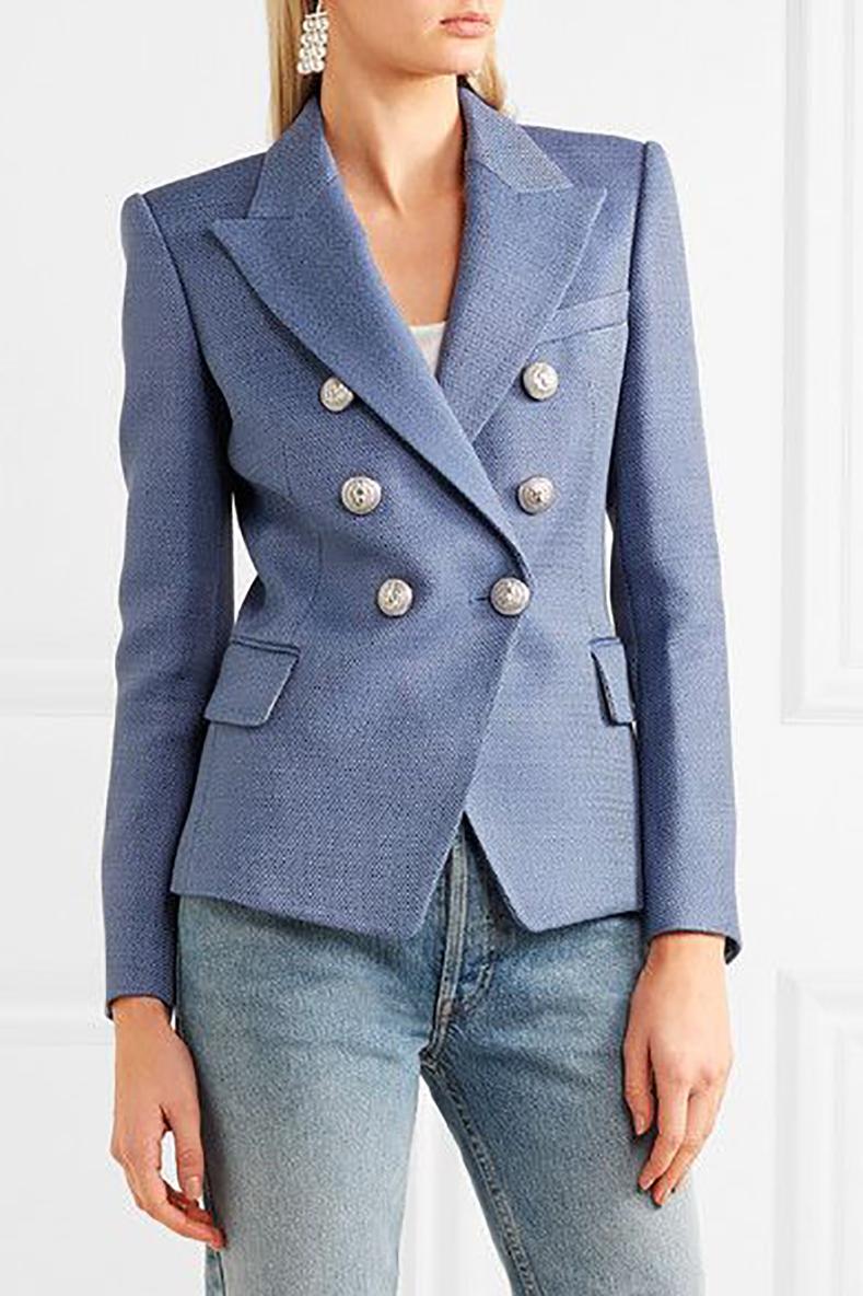 Balmain Cornflower Blue Tweed Blazer with Silver Lion Buttons 12 at 1stDibs cornflower blue