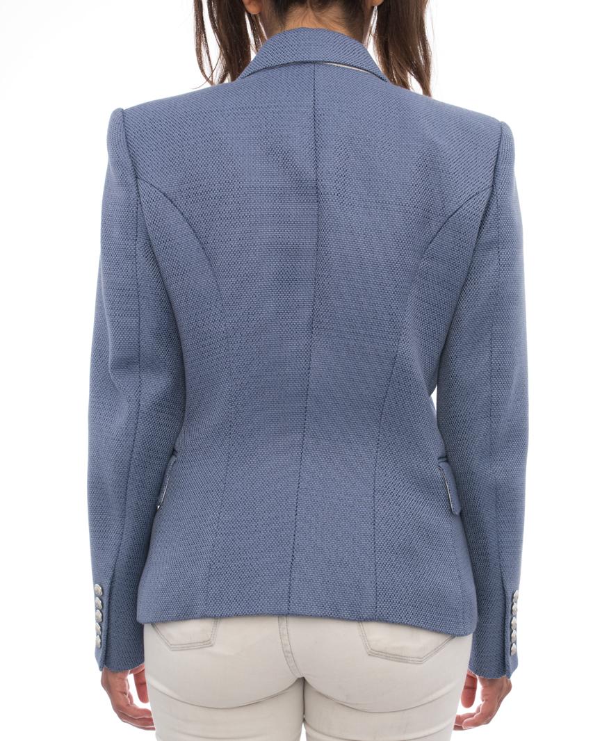Gray Balmain Cornflower Blue Tweed Blazer with Silver Lion Buttons - 12