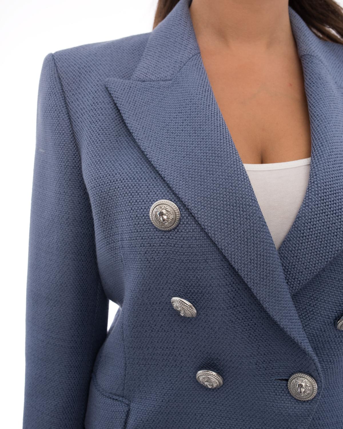 Balmain Cornflower Blue Tweed Blazer with Silver Lion Buttons - 12 In Excellent Condition In Toronto, ON