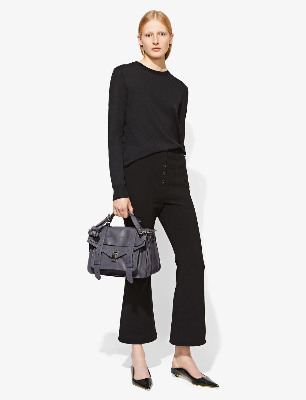 Proenza Schouler PS1 Medium Heather Grey Leather Satchel Bag.  Original retail price $2100.  Features one interior compartment and a smaller leather trimmed zip pocket.  Lambskin leather, sculpted top handle, removable adjustable long shoulder