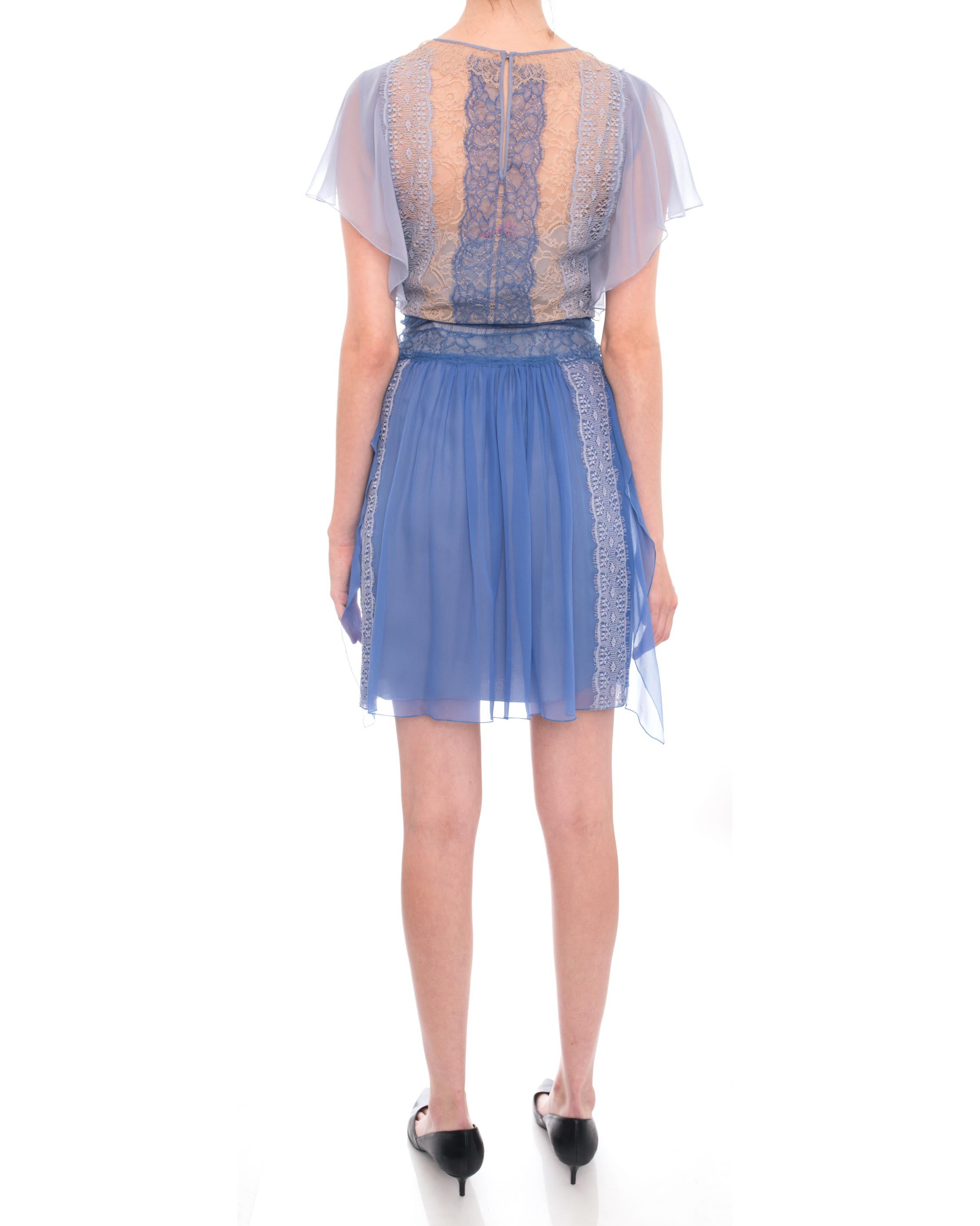 Alberta Ferretti Light Blue Silk Chiffon Ruffle Flapper Dress with Lace - 8 Damen