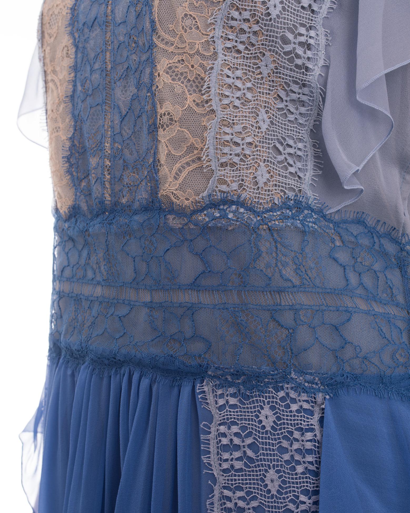 Alberta Ferretti Light Blue Silk Chiffon Ruffle Flapper Dress with Lace - 8 In Excellent Condition In Toronto, ON