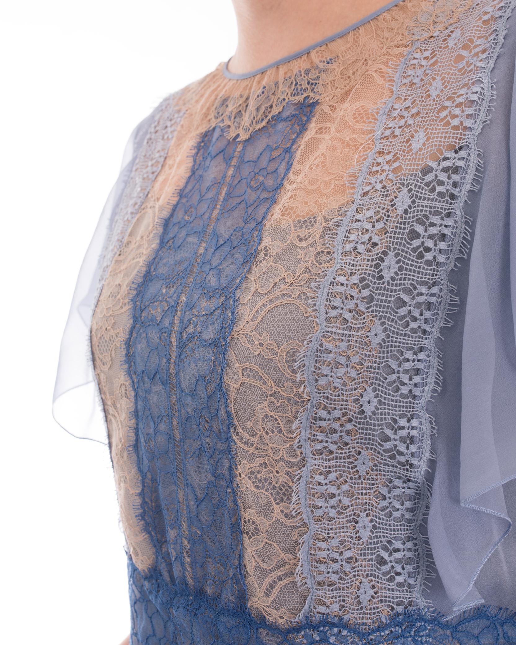 Women's Alberta Ferretti Light Blue Silk Chiffon Ruffle Flapper Dress with Lace - 8